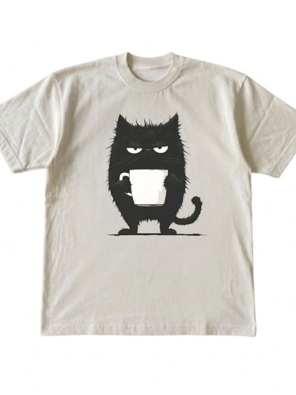 Cream Tee with Black Cat Holding Coffee Graphic